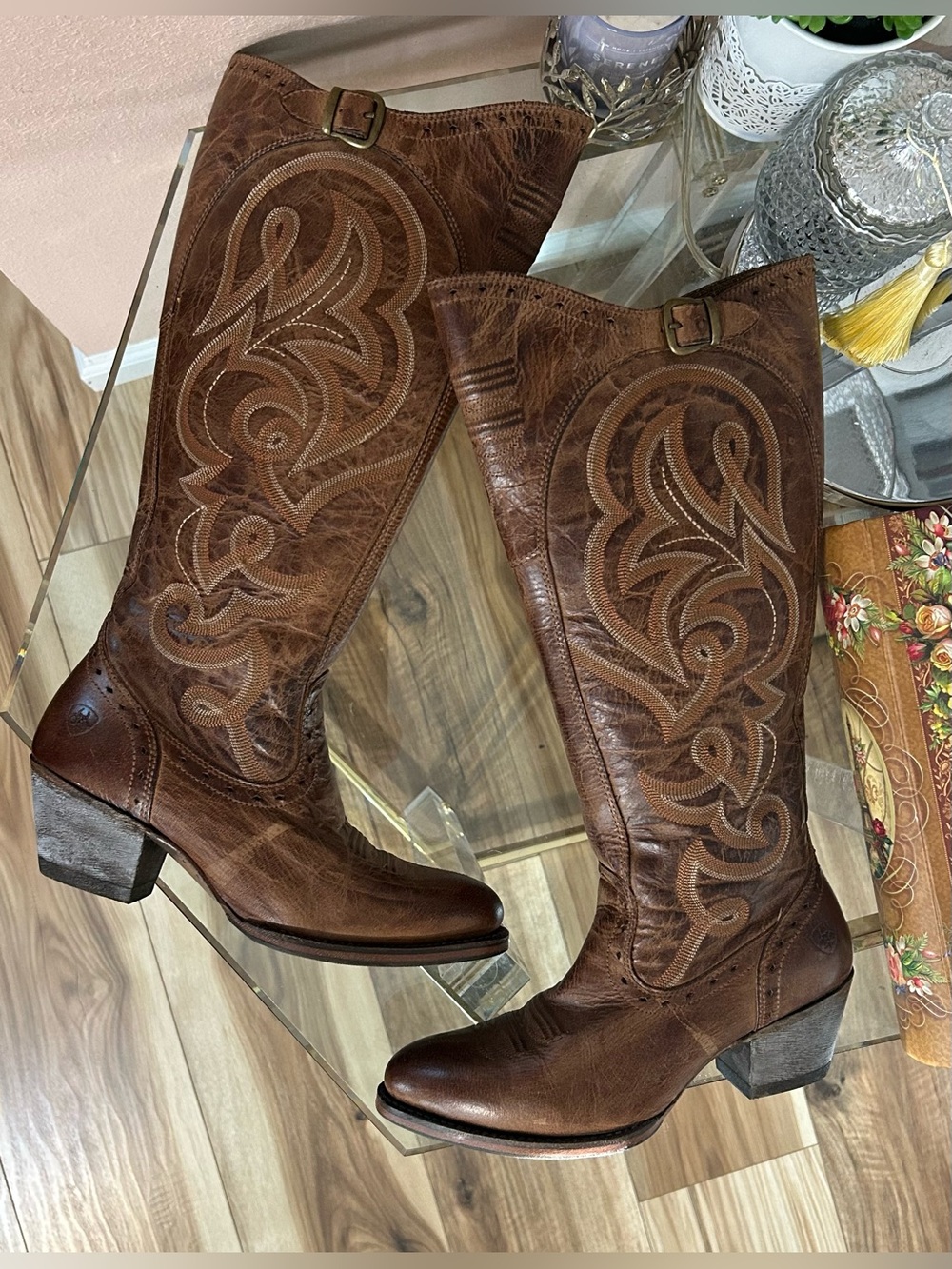Ariat Distressed Brown Embroidered Leather Western Heeled Zipper Boots Size 7 - Picture 7 of 16